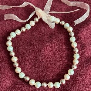 Elegant Pearl Necklace with Ribbon pink white